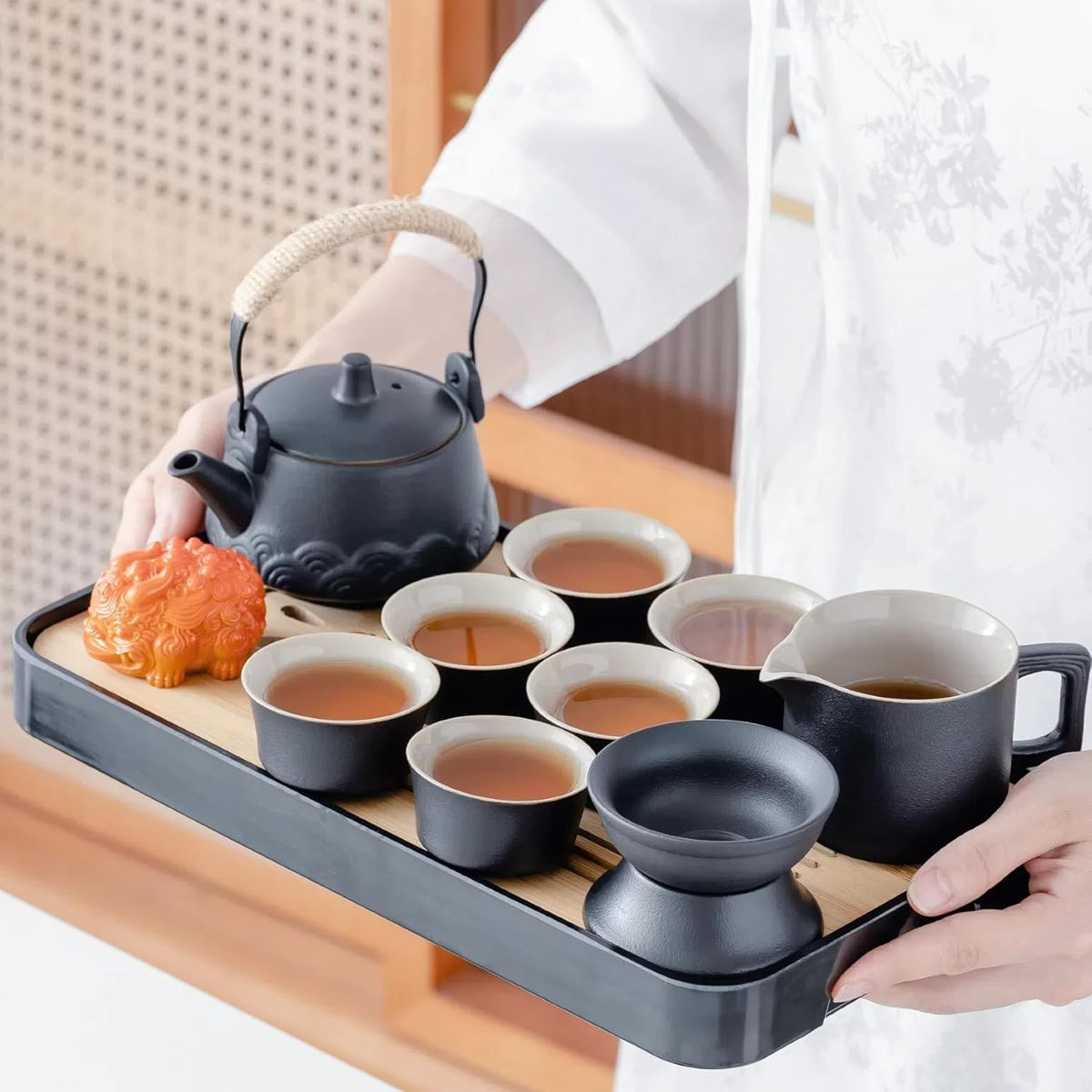 Ichag Japanese & Chinese Tea Set, Adults' Portable Gongfu Tea Set with Teapet with Porcelain Teapot, 8oz Teapot