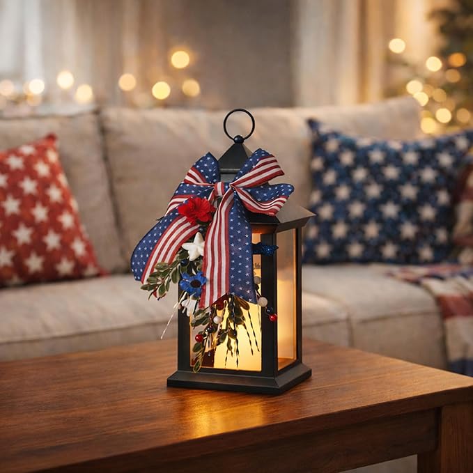 4th of July Lanterns Decorative Indoor, Black Lantern Decor with Timer Flameless Candle, Vintage Hanging Patriotic Lanterns, Independence Day Decorations for Home, Table, Porch, Patio, 1 Pack