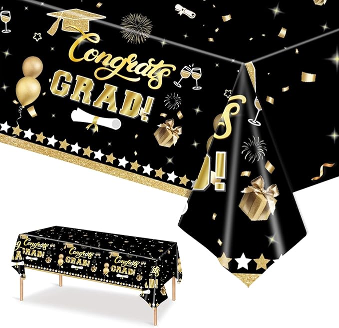 2Pcs Graduation Tablecloth, Graduation Decorations Black and Gold Class of 2026 Congrats Grad 54 x 108 inches Disposable Plastic Tablecloths for Graduation Party Decor Grad Plastic