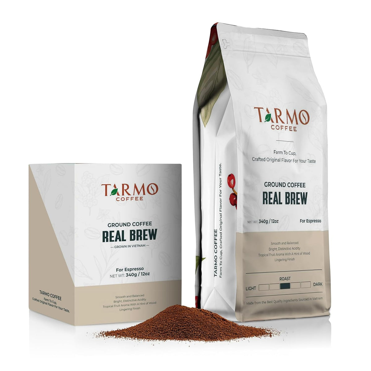 Tarmo - Real Brew, Low Acid 100% Arabica Ground Coffee, Specialty Vietnamese Coffee, Single Origin Medium Roast, Coffee Ground 12 Oz Bag