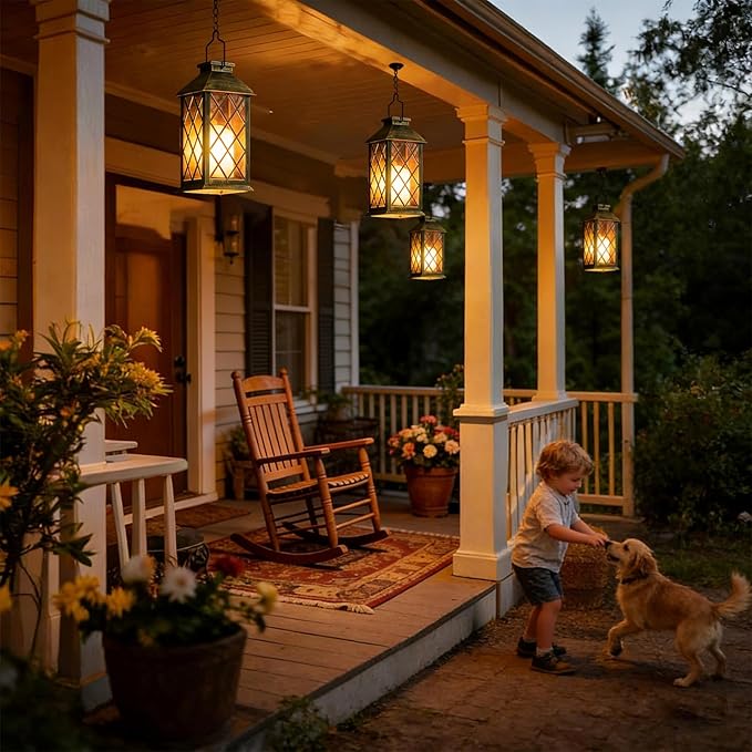 Solar Lanterns Outdoor Waterproof, 2 Pack 9" Glass Hanging Solar Lights with Flickering Flameless Candle, Outdoor Lanterns for Patio Wall Porch Table Garden Yard, Gift for Women Mom - Bronze