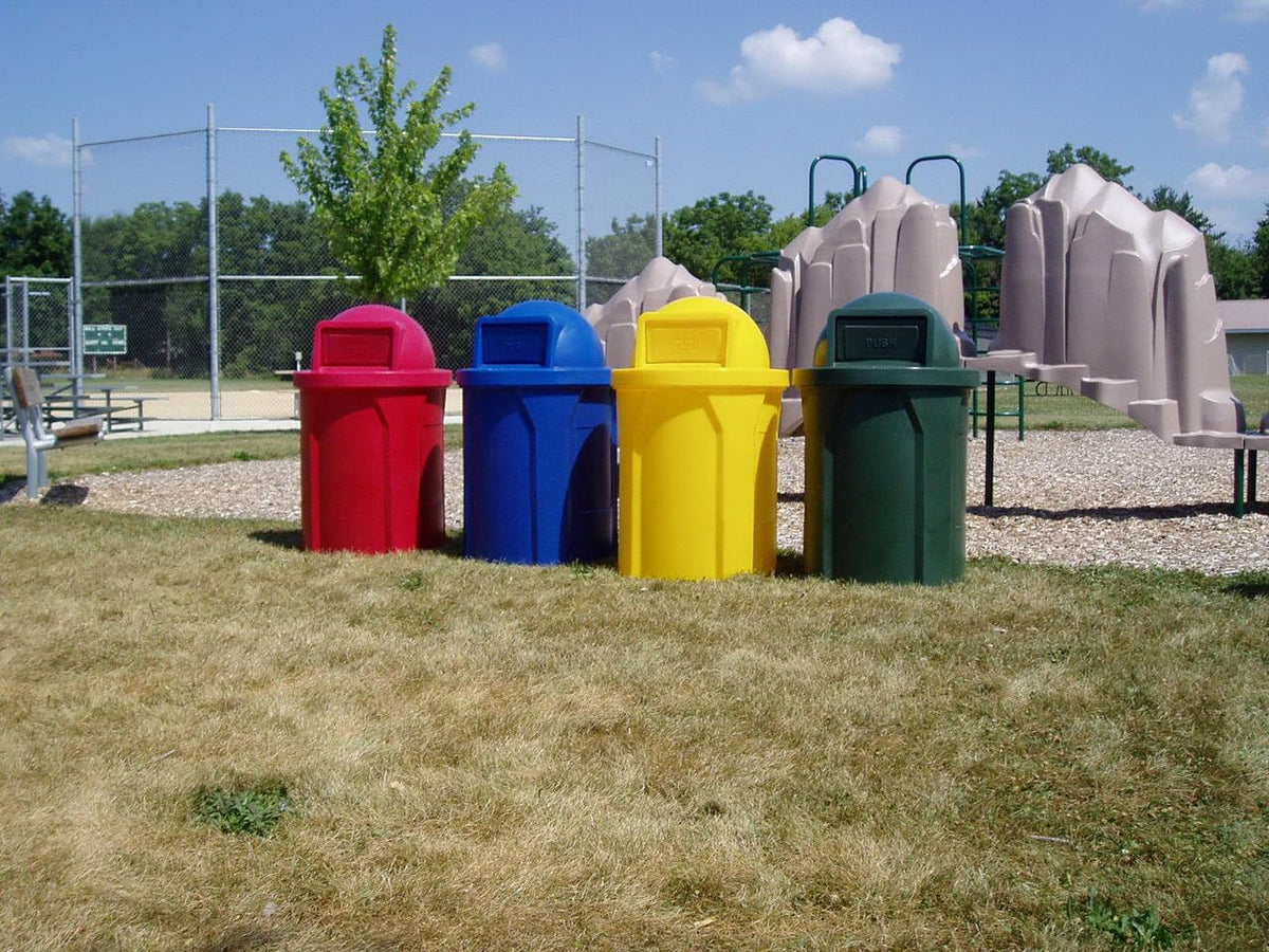 42 Gallon Circle 100% Recycled Plastic Heavy Duty Outdoor Commercial Trash Can with Push Open Dome Lid and Internal Liner - Great for Schools and Businesses - Red