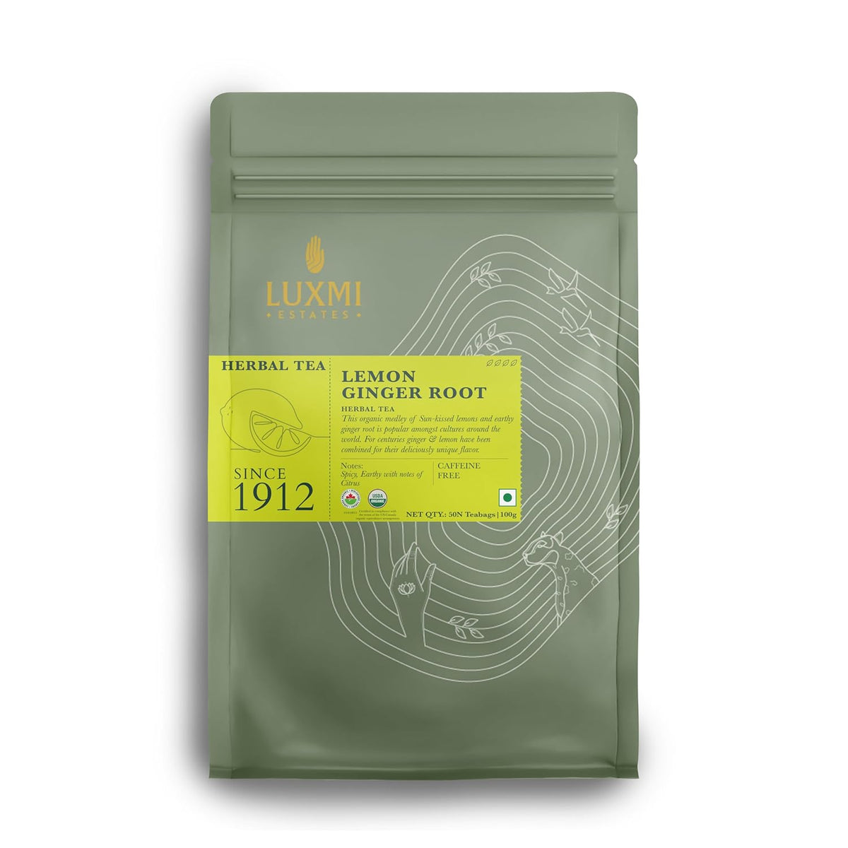 Luxmi Estates Organic Lemon Ginger Tea (50 Tea Bags), Lemon Peel, Ginger, Lemongrass and Licorice for sore throat, aids digestion, help with Nausea
