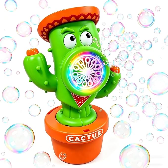 Bubble Machine for Kids, Rechargeable Cactus Bubble Maker with Lights & Music, Dancing Bubble Machine Toy with Bubble Solution Included, Outdoor Summer Toys for Kids, Birthday Party & Gift