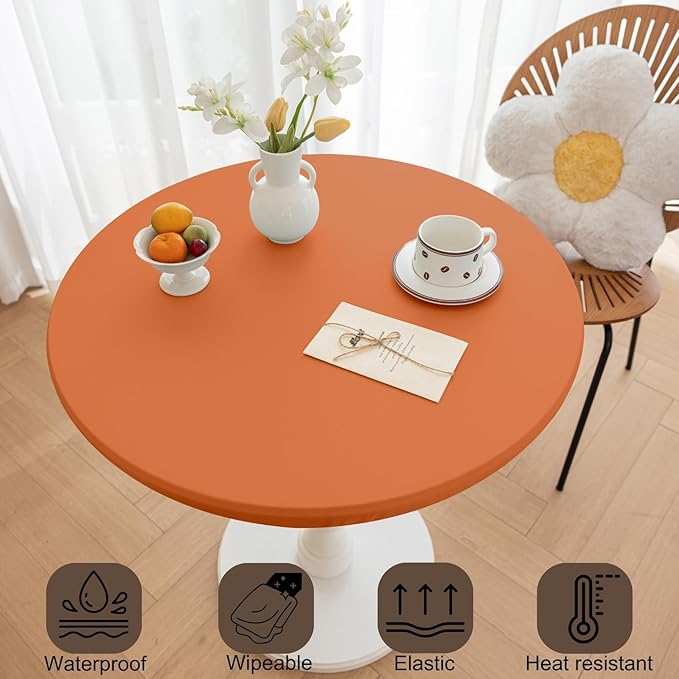 Fall Round Fitted PU Tablecloth with High Elastic Edge 24 Inch Dia Waterproof Oil Proof Table Cloth Anti-Scald Stain-Resistant Wipeable Table Cover for Indoor Outdoor Picnic (Orange,24" Dia)