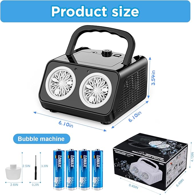 Bubble Machine with Dual Fans, 20,000+ Bubbles Per Minute, USB-C or AA Battery Powered,Leak-Proof Sealed Bottle,Portable Bubble Maker for Birthday Party Pool Wedding Outdoor
