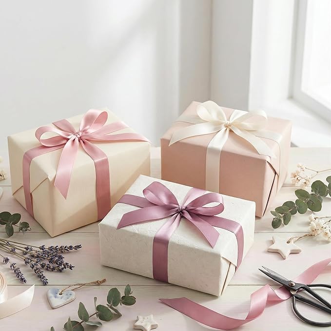QIANF Dusty Rose Double Face Satin Ribbon 1 Inch x 45 Yards Champagne Pink/Rose Gold/Mauve Fabric Ribbon for Gift Wrapping, Flower Bouquets, Bows Making, Wedding Decor (3 Rolls *15Yd)