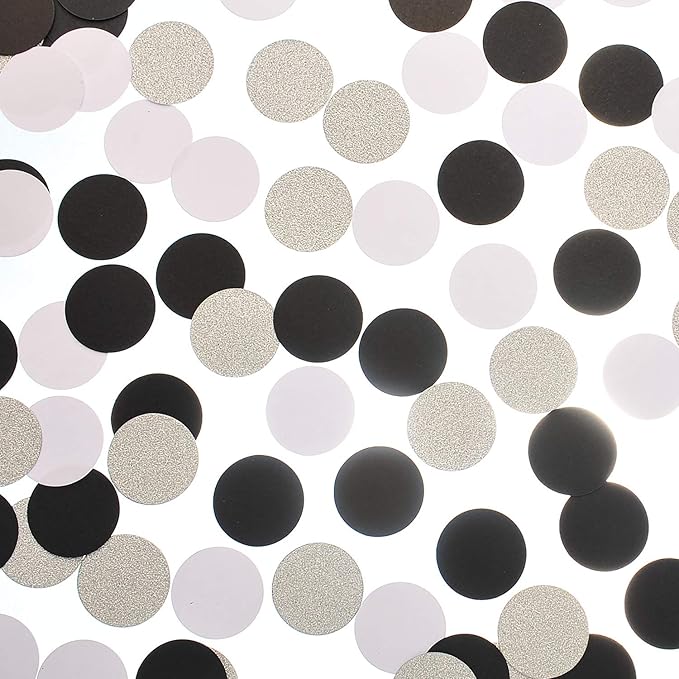 Glitter Confetti Circle Dots for Table Wedding Birthday Party Decoration, 1.2 inch in Diameter (silver glitter,black,white,200pc)