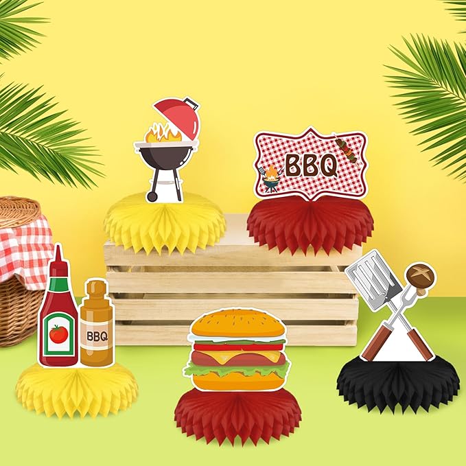 9PCS BBQ Party Decorations BBQ Baby Shower Table Centerpieces Picnic Decorations Honeycomb Table Toppers for Baby Q Baby Shower Decorations Summer Birthday Party
