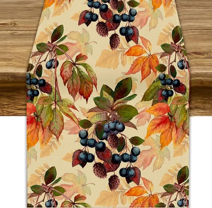 Autumn Leaf Table Runner, Thanksgiving Autumn Harvest Watercolor Black Berry Floral Fruit Leaves Vintage Table Runner for Home Party Picnic Dinner Table Decor, 13x120inch