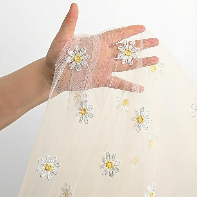 Horaldaily Champagne Embroidery Daisy Spring Summer Gauze Tablecloth 60×120 Inch Rectangular, Seasonal Tulle Table Cover, Garden Party Decorations for Wedding, Party, Holiday Dining