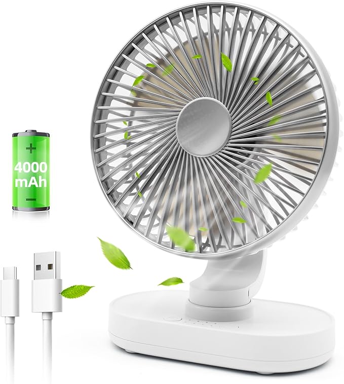 Small Oscillating Fan for Bedroom, 4000mAh Battery Powered Rechargeable Fan, 90° Vertical Manual and 120° Oscillating Desk Fan, 4 Speeds Air Circulator Fans, Quiet Table Fans for Home Office Travel