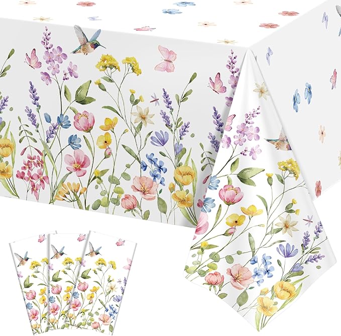 NatNarr 3 Pack Wildflower Plastic Tablecloths, 54 X 108Inch Spring Tablecloth Disposable Tea Party Table Cloth, Butterfly Wildflower Porcelain Tables Decor for Tea Party Birthday Garden Wedding Party