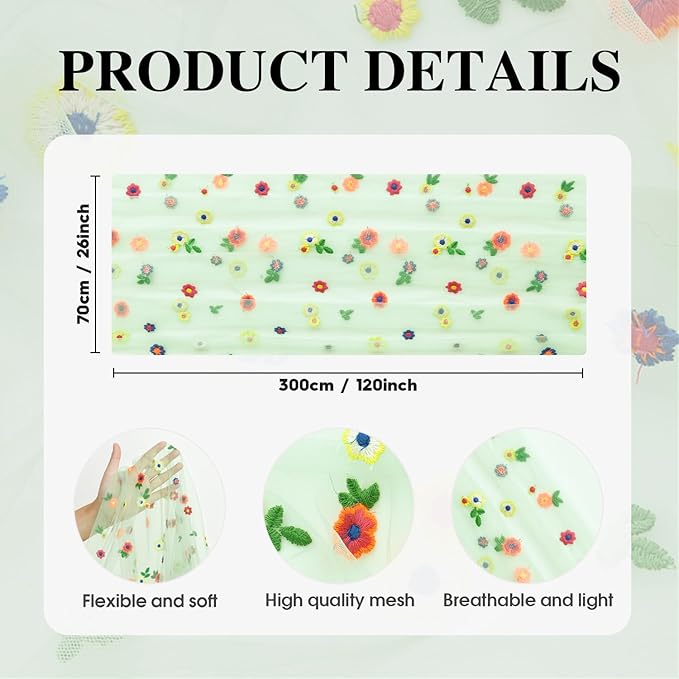 Artoid Mode 3PCS Sage Green Embroidery Daisy Gauze Table Runner 120 Inch 10FT, Seasonal Sheer Dining Holiday Wedding Birthday Table Decor for Home Party