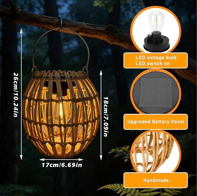 Solar Outdoor Lanterns, Hanging Rattan Lantern Handwoven Garden Lights Solar lamp Waterproof for Outside, Idea for Yard Gazebo Patio Pergola Pathway Front Porch Decor, 1 Pack