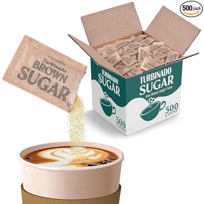 Bulk Sugar Packets, 500 Count - Individual Servings of Turbinado Sugar Packets for Coffee & Tea