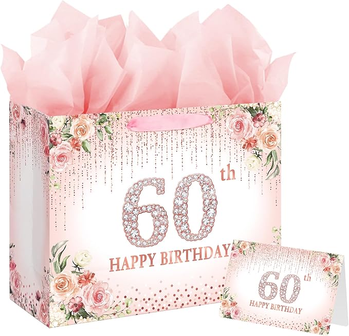 Laidans Rose Gold 60th Happy Birthday Gift Bag with Tissue Paper and Card for Women Party Supplies (Rose Gold) (60th)