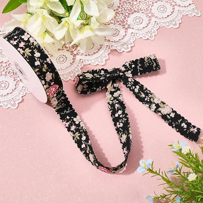 20 Yards Floral Print Ribbon Black Flower Pattern Ribbon Polyester Vintage Spring Summer Double Wavy Edge Fabric Ribbons Bulk with Spool for Sewing Making Crafts Bouquets Wreath Christmas