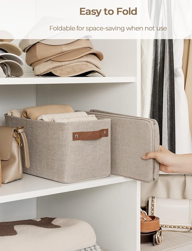 StorageWorks Narrow Storage Bins, Small Basket for Closet and Shelves, Rectangular Fabric Organizer with Handles, Toilet Paper Storage, Brown and Beige, 2-Pack