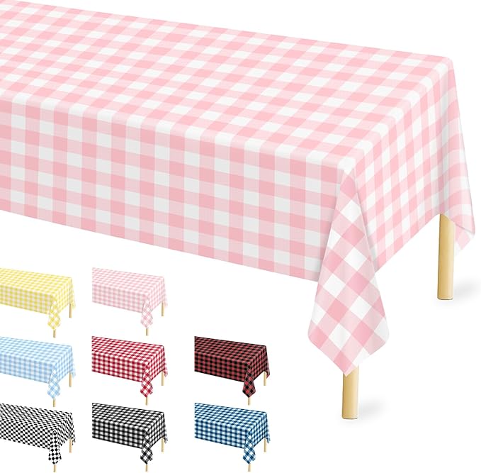 12 Pcs Pink Gingham Tablecloth 54 × 108 Inches Pink and White Checkered Table Cloth Disposable Plastic Waterproof Tablecover for Outdoor Picnic, Birthday Party, Holiday Dinner