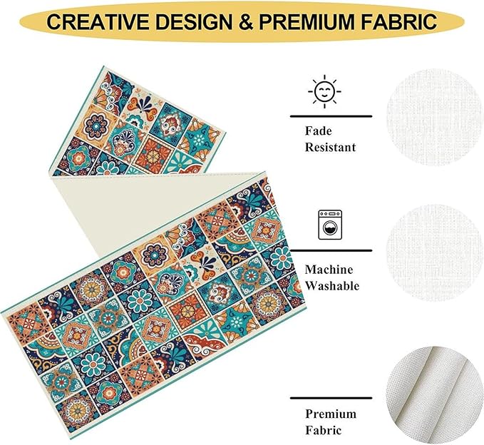 Mexican Table Runner, Blue Rustic Mexico Talavera Ceramic Hand Painted Tiles Cinco De Mayo Coffee Table Center Decor for Family Kitchen and Dining Patio Indoor Outdoor Table Decorations, 13" X 36"