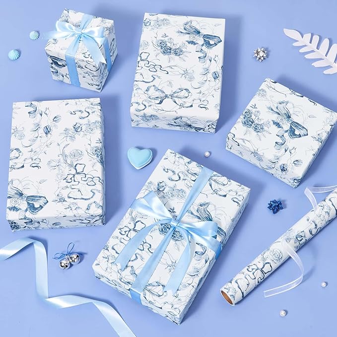 WERNNSAI Blue Bow Floral Wrapping Paper Roll - 1 Roll 17”x 33 ft Baby Blue Bow Gift Wrap Paper Vintage Floral Gift Packing for Coquette Birthday Wedding Bridal Shower Party Supplies