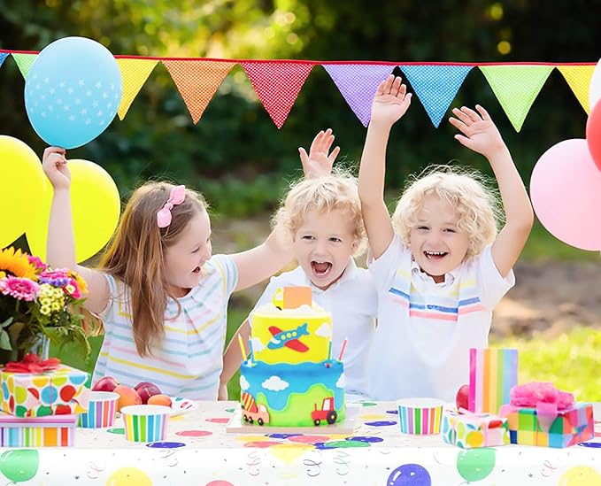 Mulbozy 4 Pcs Birthday Tablecloth Disposable Plastic, Colorful Balloons Confetti Happy Birthday Table Covers for Parties Decoration Supplies, 108 x 54 inch