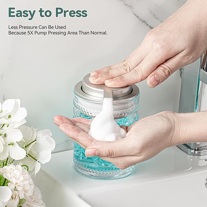 Glass Foaming Soap Dispenser Set - 2 Pack Foam Hand Soap Dispenser for Bathroom, Clear Hand Wash Dispenser Bottle with Matte Silver Pump for Kitchen, 8 Oz Refillable Dish Liquid Foam Dispenser 2 Pcs