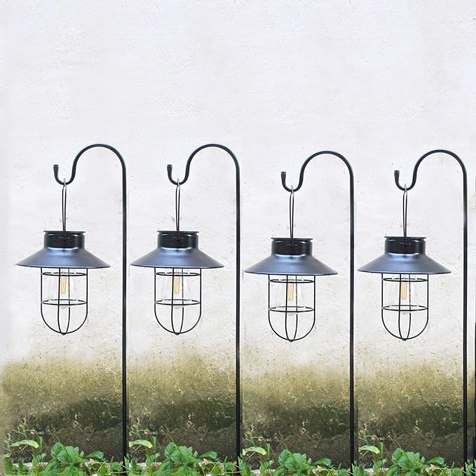 Solar Lanterns Outdoor Waterproof,4pack Hanging Solar Lights Lantern Lamp with Shepherd Hook, Metal Waterproof Edison Bulb Lights for Garden Outdoor Pathway