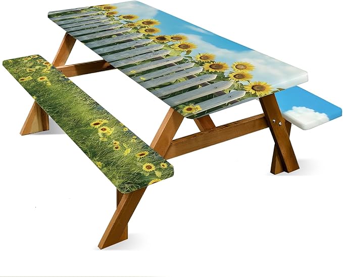 ANNA QUEEN 6FT Sunflower Picnic Table Cover with Bench Covers Spring Picnic Table Cover Set 3PCS 72"x30", Waterproof Outdoor Bench and Tablecloth Furniture Protection for Camping Beach