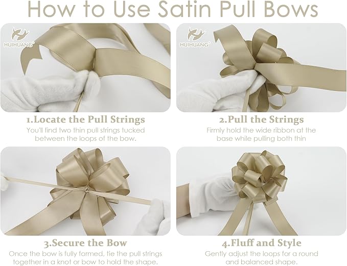 HUIHUANG Christmas Bows for Gift Wrapping 12 PCS Champagne Pull Bows 4" x 8" Satin Gift Bow for Presents, Gift Basket, Paper Bag, Wrapping Accessories, Wreaths, Wedding Christmas Decor