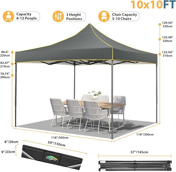 COBIZI 10x10 Pop Up Heavy Duty Canopy Tent with 4 Sidewalls, Easy Setup Outdoor Commercial Instant Tent for Parties Events Canopy with Portable Bag, Waterproof & UPF50+ (Gray)