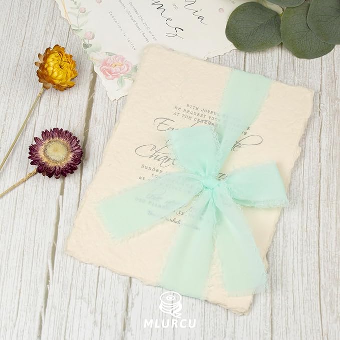 Aqua Chiffon Ribbon - 1-1/2 Inch x 21 Yards, Frayed Silk for Gift Wrapping, Wedding Invitation, Bridal Flower Bouquets