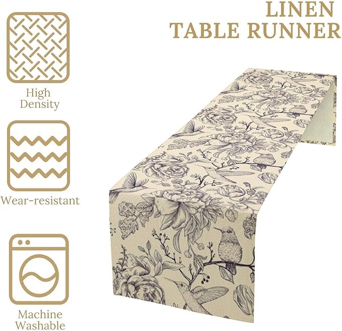 Retro Floral Bird Table Runner,Vintage Boho Rose Flower Birds Table Runner for Kitchen Dining Table Holiday Farmhouse Home Party Decor 13x70in
