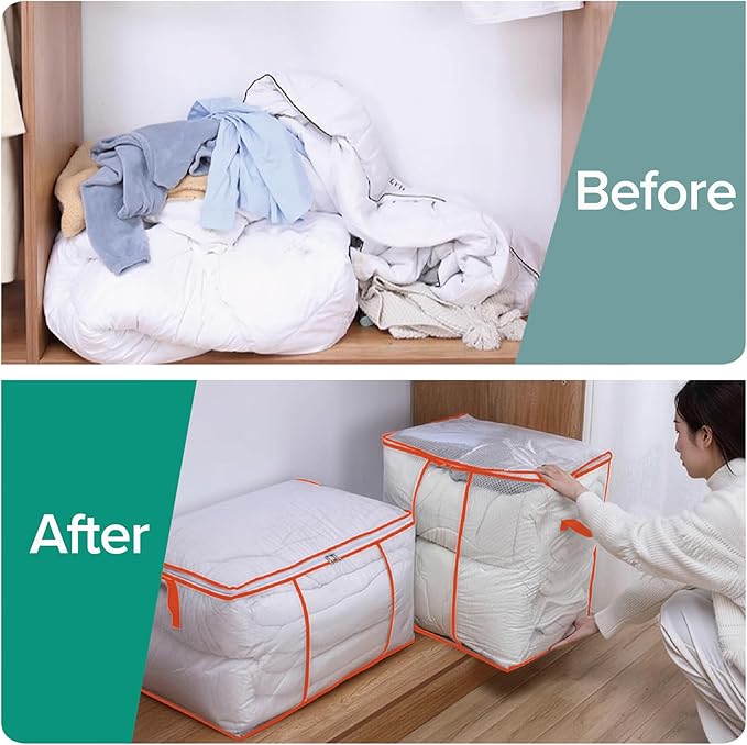 5 Pack 55L Clothing Storage Bag,Clothes Storage Bins Foldable Closet Organizer Storage Containers and Organization for Blanket, Comforters, Bed Sheets, Pillows(Orange)