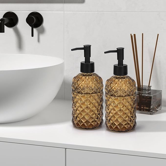 13.5Oz Gem Design Soap Dispenser with Plastic Pump, Refillable Glass Soap Dispenser for Hand Soap, Dish Soap, Lotion (Amber)