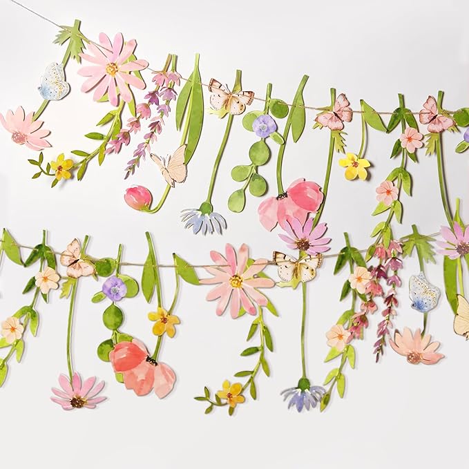 Butterfly Banner Wildflower Party Decorations Paper Flower Leaves Banner Butterfly Garland for Wall Decoration Spring Baby Shower Wedding Backdrop Decorations