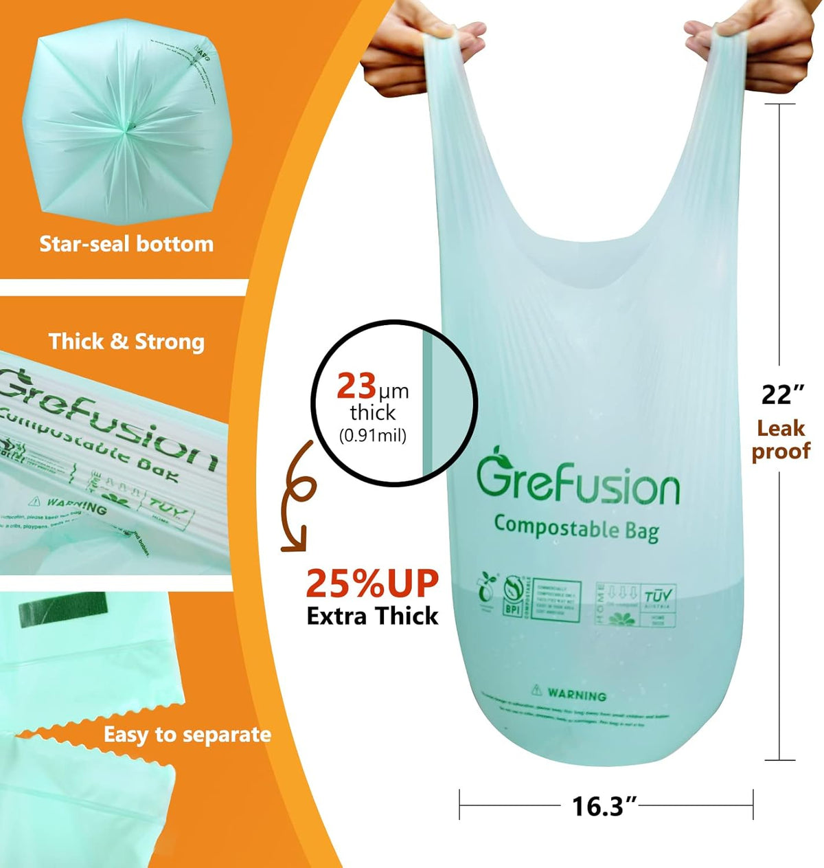 Compostable trash Bags, 2.6 Gallon,Thick 0.91 mils,Compost bin Kitchen,Food Scrap Waste Bags,Small trash bags for compost bin kitchen,Certified by BPI and OK Compost, (80 Count)