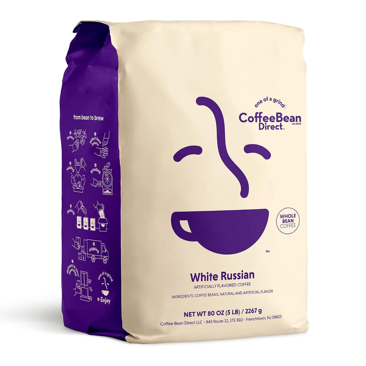 Coffee Bean Direct White Russian Flavored, Whole Bean, 5lb Bag | Light Roast, Gourmet Flavored Coffee Beans