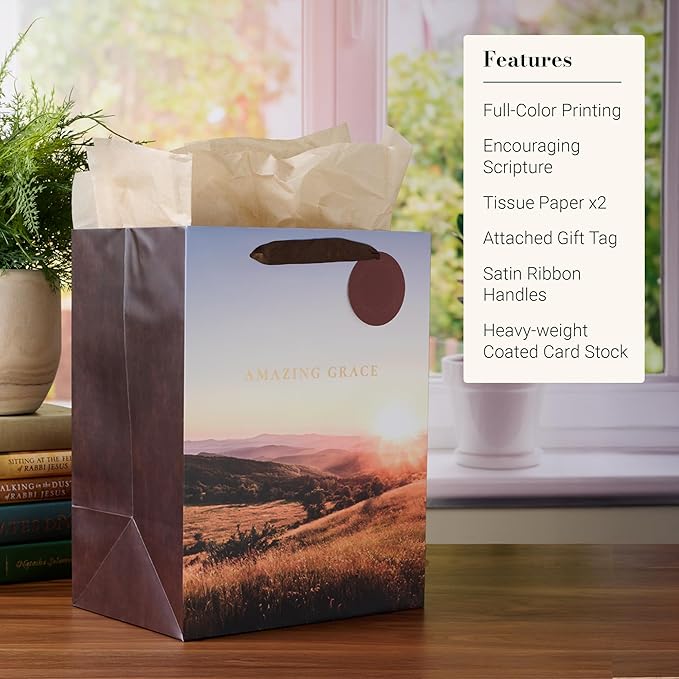 Christian Art Gifts Large Portrait Inspirational Faith-inspired Gift Bag, Tag & Wrapping Tissue Paper Set for Men & Women: Amazing Grace, Sturdy Satin Ribbon Handles, Sunny Multicolor Scenic Landscape