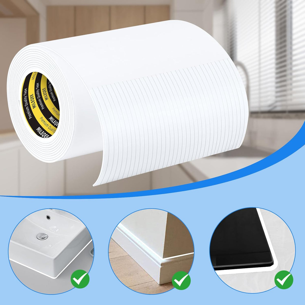 Caulk Sealing Strip for Tiles Bathtub Bathroom Toilet Kitchen,Wall,Corner, Gap Filling Self Adhesive Tape, 0.12in x 6.56FT x 33Strips(217FT Total) Seal Strips for Small Gaps