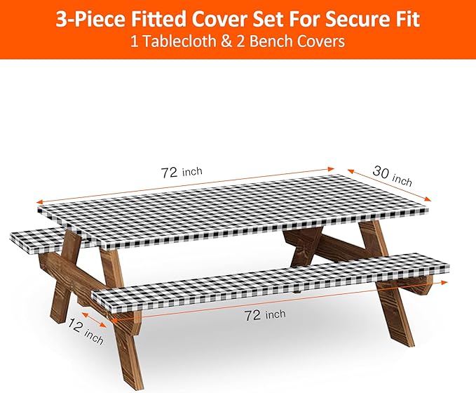 6ft Picnic Table and Bench Cover, Camping Essentials RV Gear, 72in Waterproof Windproof Outdoor Elastic All Around Tablecloth, Fitted Rectangle Tables and Seats, Black-White Checkered