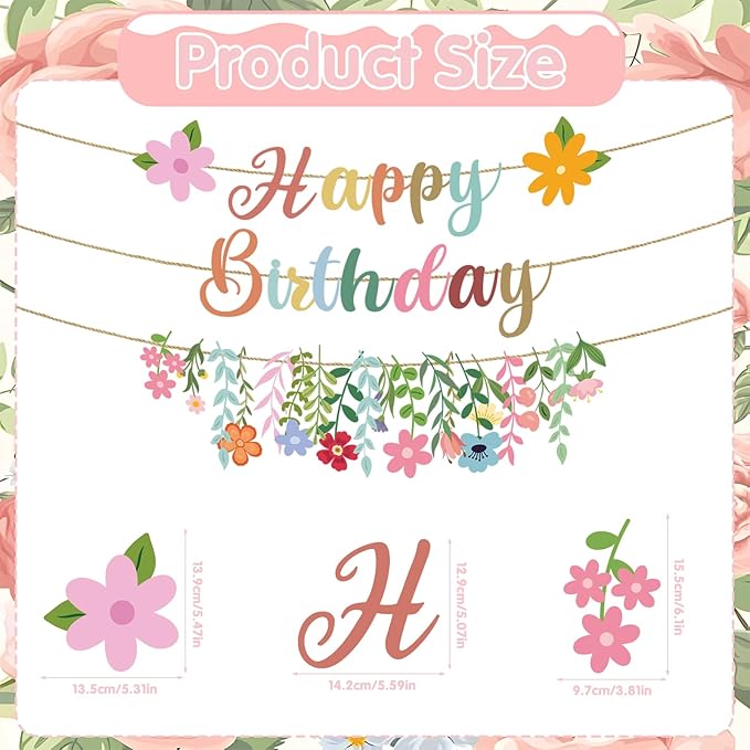 Flower Birthday Decorations, 3PCS Floral Birthday Party Banners Garland Decor No-DIY, Wildflowers Garden Themed Party Supplies Decor for Women