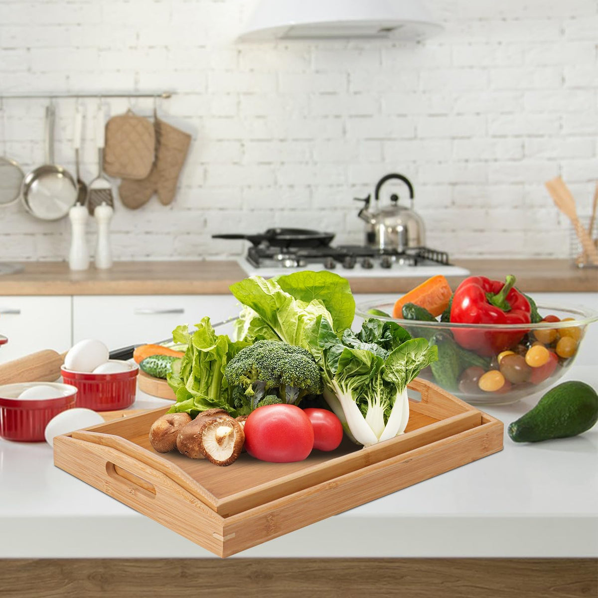 3 PCS Bamboo Serving Tray, 3 Size Nested Breakfast Bed Tray with Handle, Wood Serving Tray for Serving, Breakfast Bed Trays for Eating, Decor