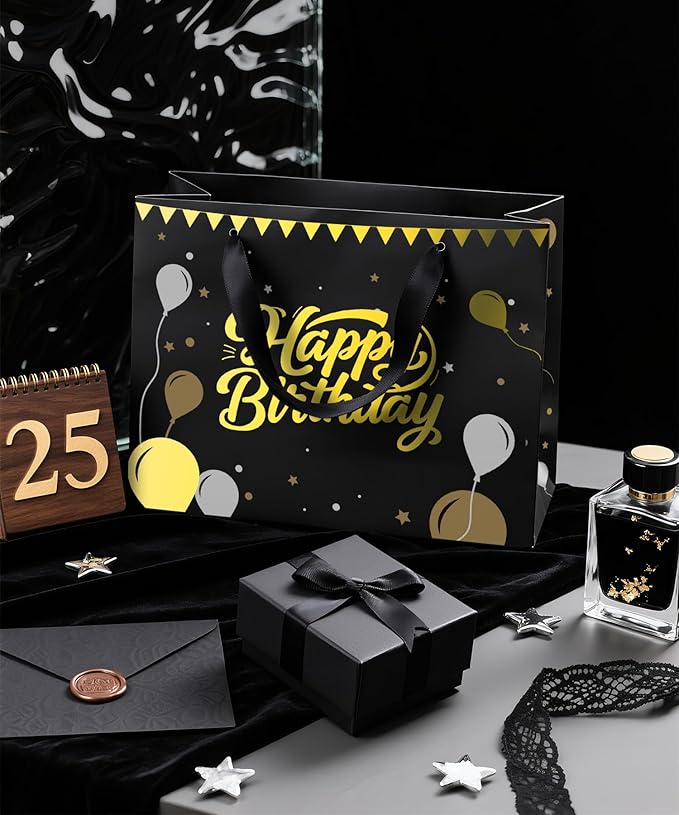 Black Birthday Gift Bag for Men – 12.5 Inch Medium Size with Tissue Paper and Greeting Card – Perfect for Boyfriend, Husband or Dad (1 Piece, Foil Stamping)