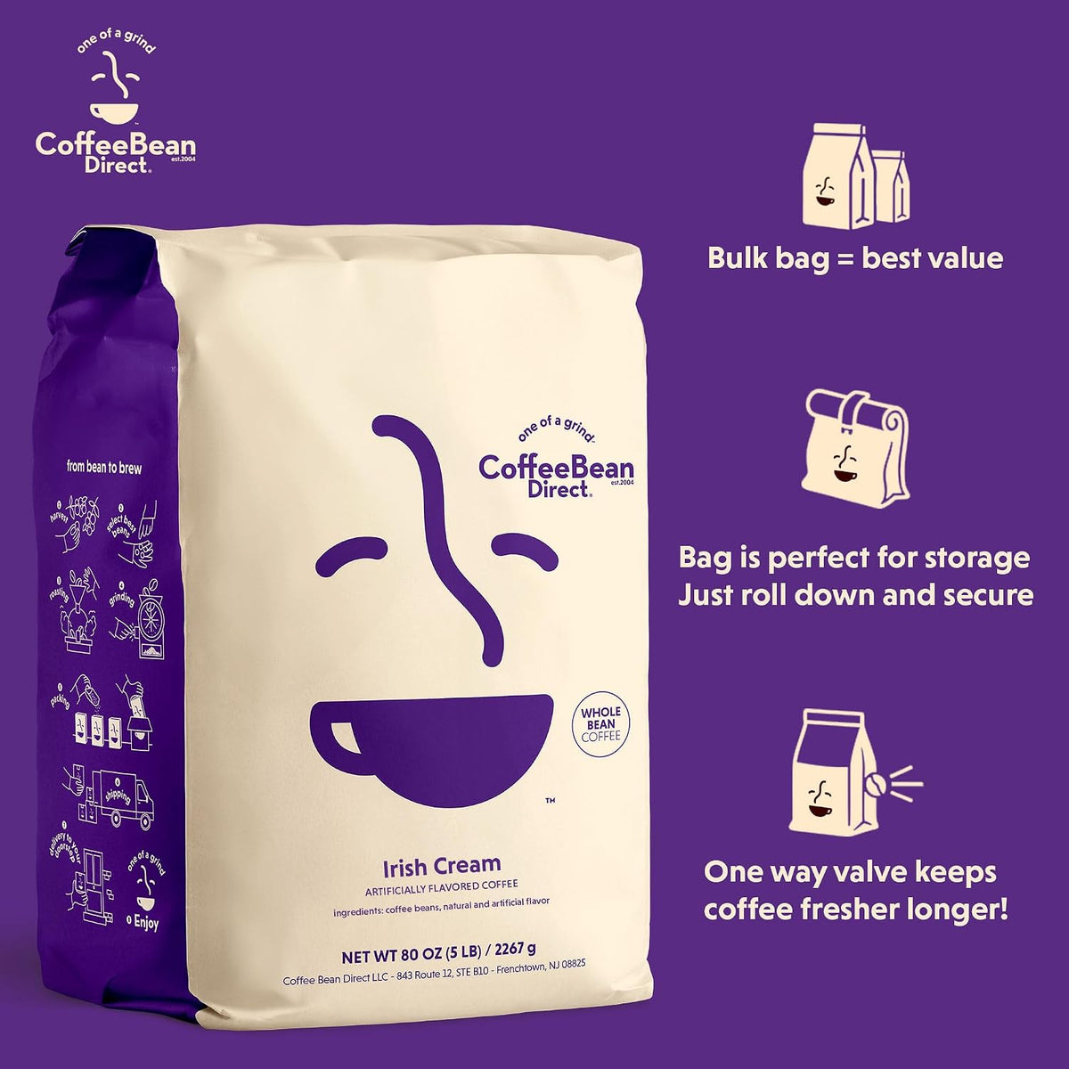 Coffee Bean Direct Irish Cream Flavored, Whole Bean, 5lb Bag | Light Roast, Creamy Toasted Nut Flavored Coffee Beans