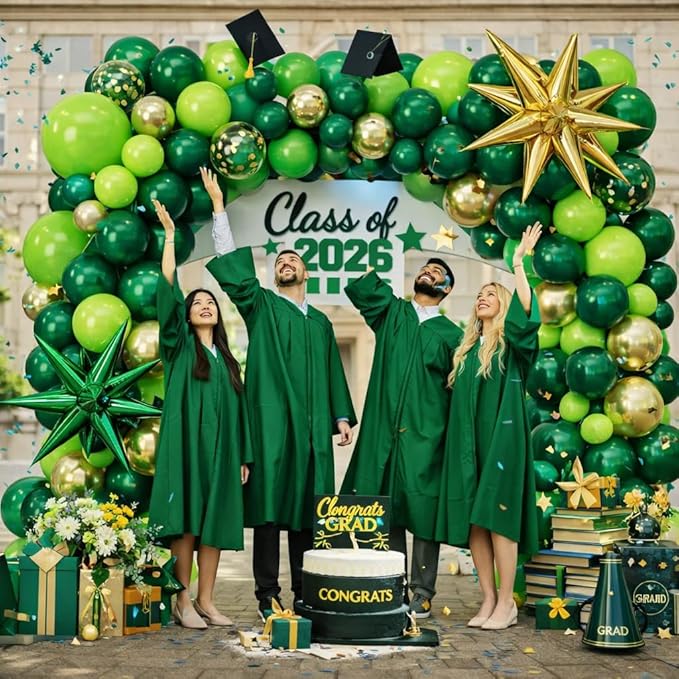Tesochye 147 PCS Green and Gold Balloon Garland Arch Kit,Dark Green Gold Confetti Balloons with Exploding Star Foil Balloons for Graduation Class of 2026 Anniversary Birthday Jungle Party Decorations
