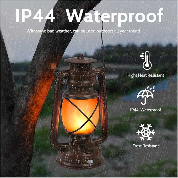 2 Pack Vintage Lantern Flickering Flame Rechargeable LED Retro Camping Lights 4 Modes Remote Control Battery Powered Outdoor Lamp Hanging Lanterns