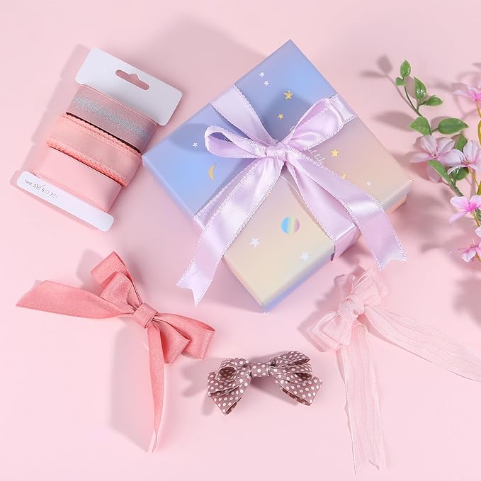 BEEFLYING 3 Styles Pink Wire Edged Ribbons for Gift Wrapping Decoration 25~28mm×2.7m Stripe Ribbons Satin Ribbons for Wedding Party Decoration Hair Bows Flower Designs Sewing and Craft, 9 Yards
