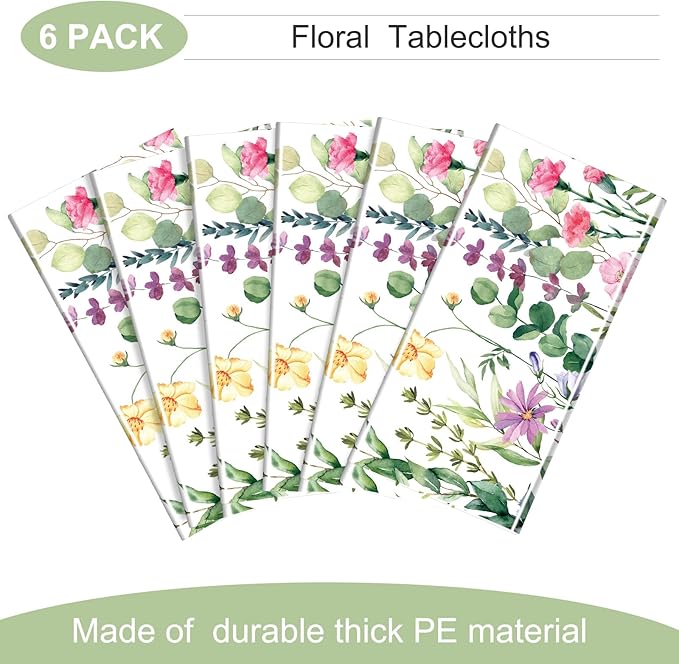 Breling 6 Pieces Wildflower Tablecloths Watercolor Floral Table Cover Wild Flower Plastic Tablecloth for Holiday Birthday Tea Party Weeding Baby Shower Decor, 54 x 108 Inch (Vivid Style)